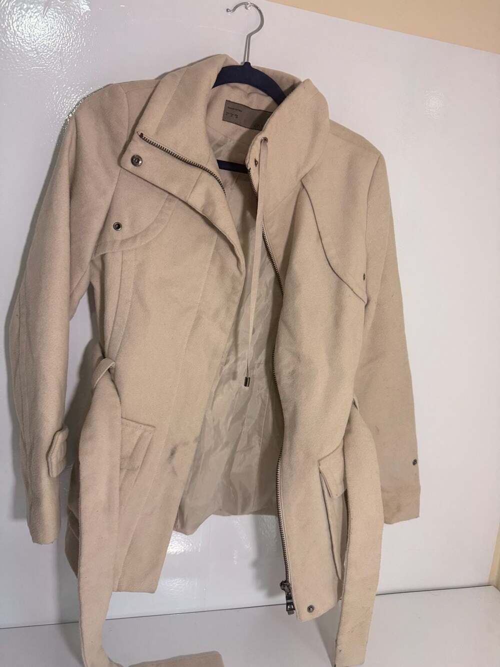 Zara Basic Women's Coat Belted Zipper Front Cream Color Size M Medium
